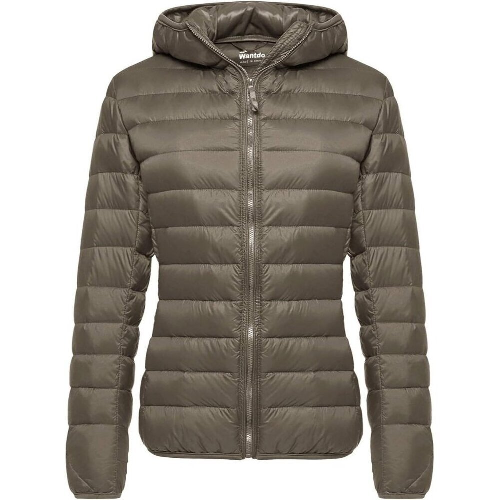 Women's Light Coffee Short Down Hooded Puffer Jacket Coat Fabric Packable Ultra